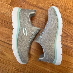 Womens Sketchers Summits-Quick Getaway slip on sneaker, light gray/aqua, size 7